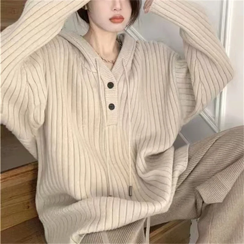 Fashion Loose Solid Knitted Women Pullover Casual Button Hooded Long Sleeve Sweater Fall Winter New Fashion Female Streetwear