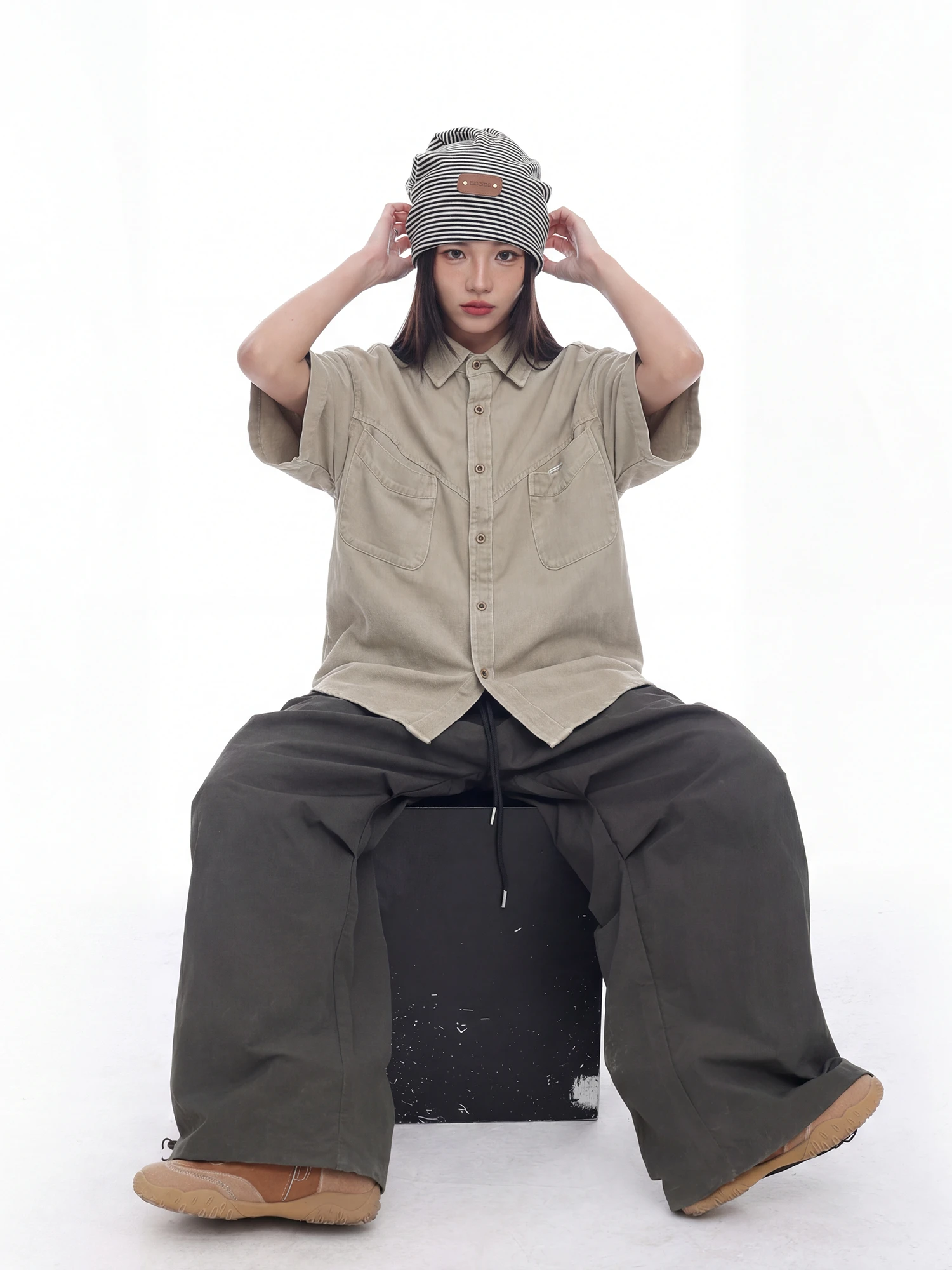 

Street Sle Waed Loose ort Sve Women's irt American Retro Deconstructed Summer Casual Trendy Button-Up Cotton Top