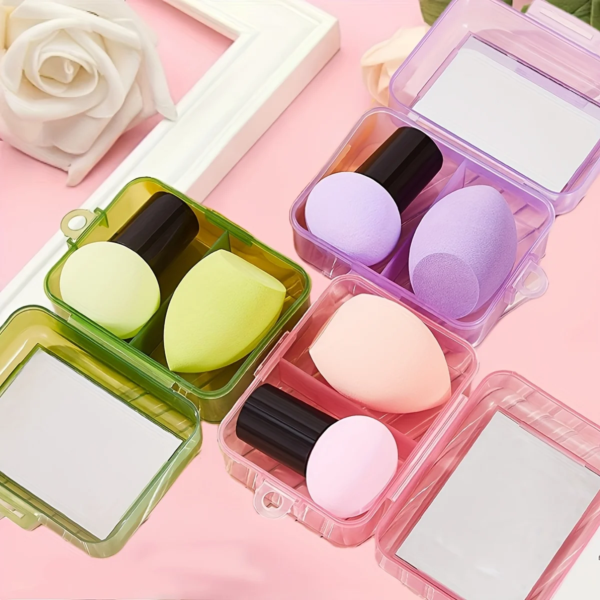 Zestaw lusterka do makijażu i gąbeczek do makijażu, zestaw gąbeczek do makijażu w kształcie grzybka z pudełkiem do przechowywania lusterka, gąbka do pudru do stosowania na sucho i na mokro.