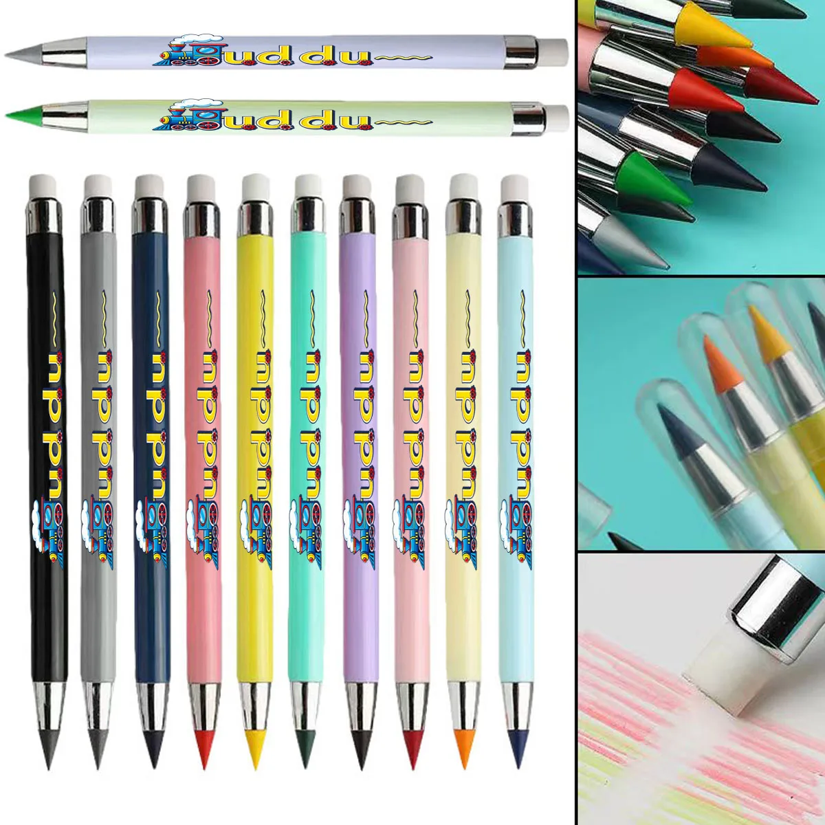 

12 pack small train text pattern eternal pencil macaron color not easy to break pencil student sketch color pencil