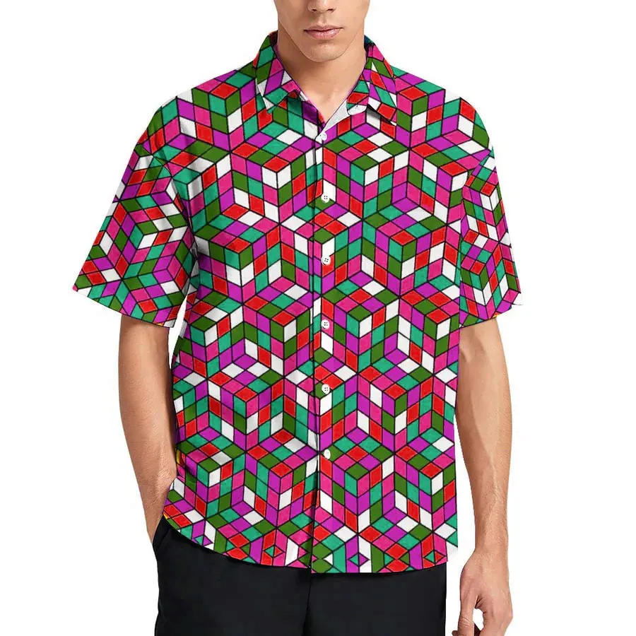 New 3D men's multi-color Rubik's cube high-definition full body print casual fashion versatile short sleeved shirt