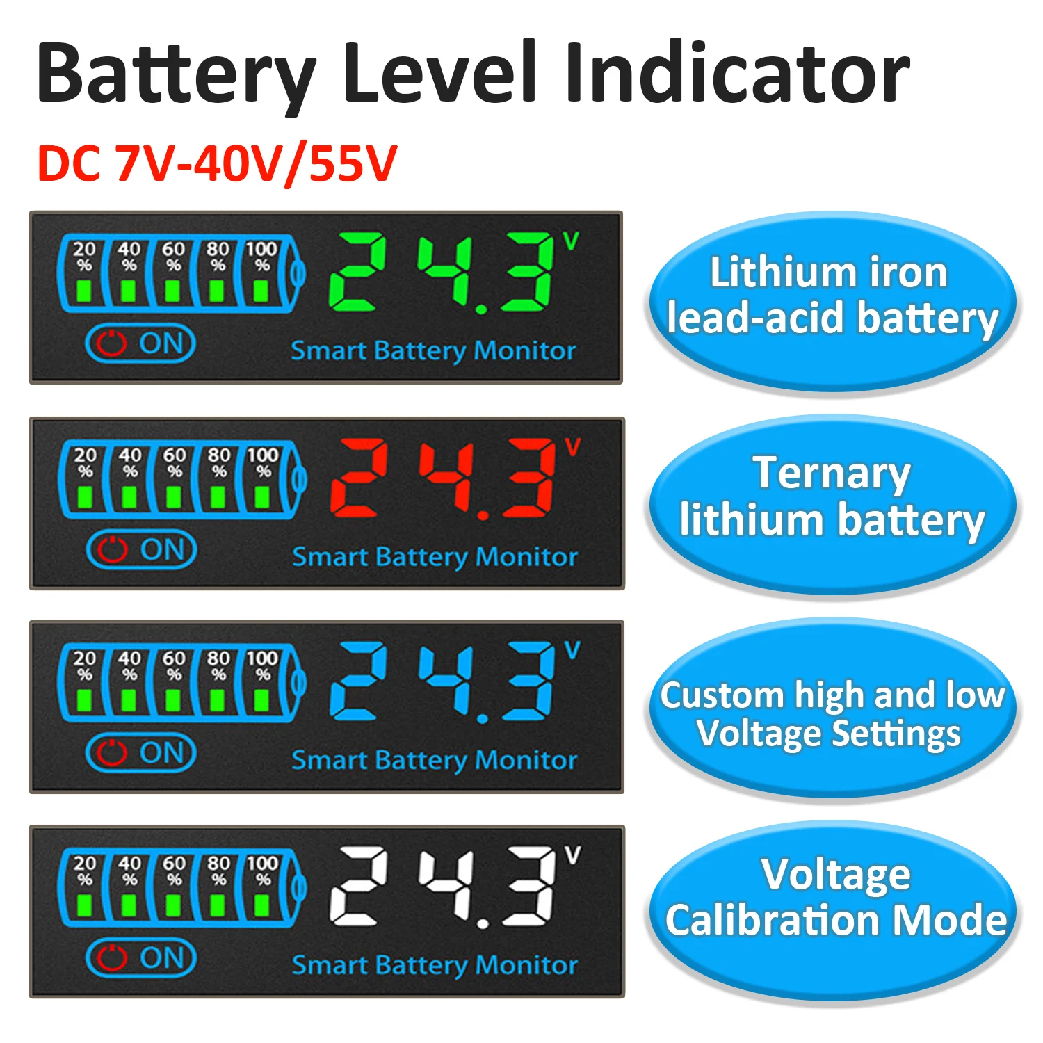 Battery Level Indicator 7V-40V/55V LED Battery Capacity Indicator Li-ion Lipo Lithium  Lead Acid Battery Tester Voltage Meter