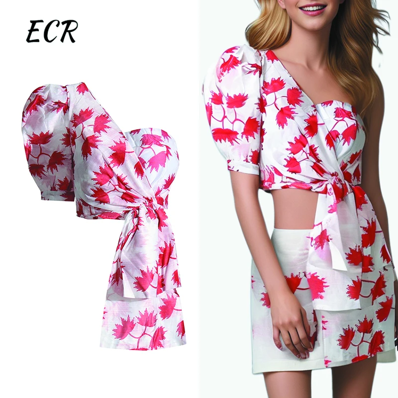 

ECR Hit Color Printing Asymmetrical Shirts For Women Diagonal Collar Puff Sleeve Patchwork Folds Pullover Blouses Female Style