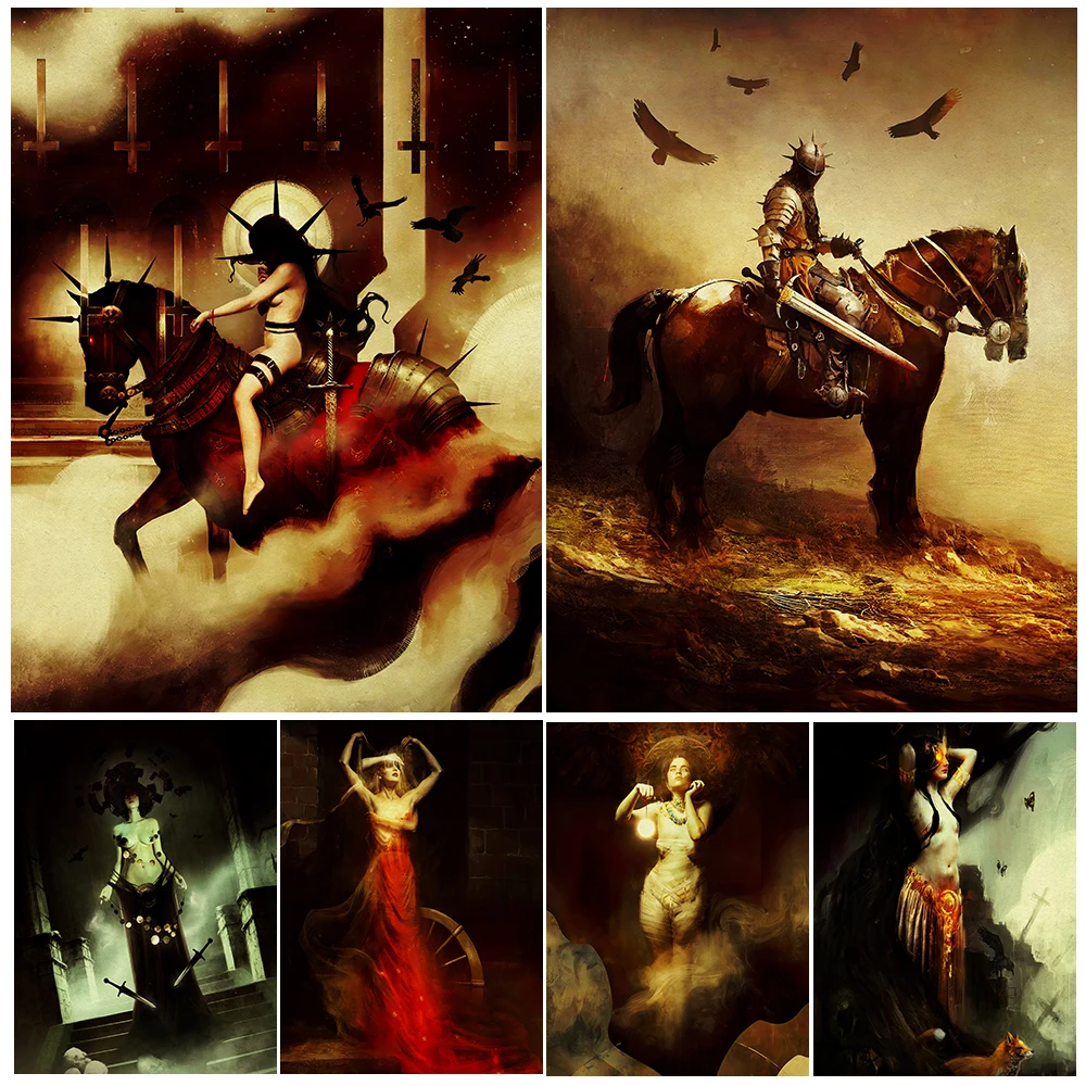 

Paladin And Swordswoman Vintage Wall Art Canvas Painting Goddess Of Elements And Witch Of Destiny Art Poster Print Home Decor