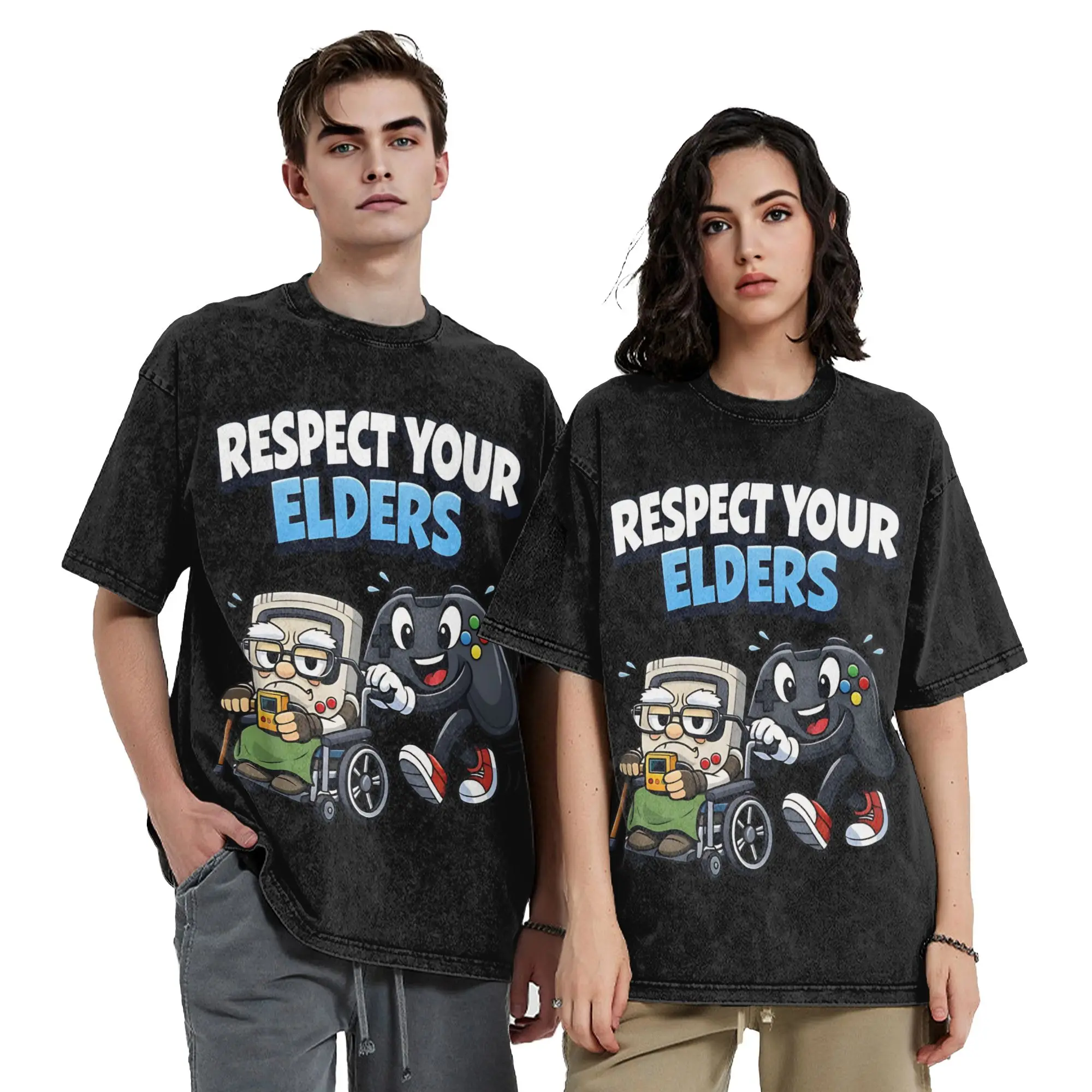 Gaming Respect Your Elders  Vintage Washed T-Shirt Vintage 100% Cotton Tees Round Neck Short Sleeve T Shirt Gift Idea Tops