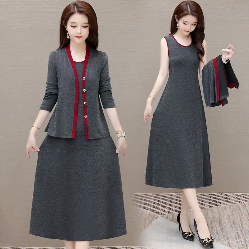 Temperament Casual Fashion Mom Tank Vest Dress Spring Autumn Cardigan Jacket Sleeveless Long Dresses Two-Piece Sets Women Outfit