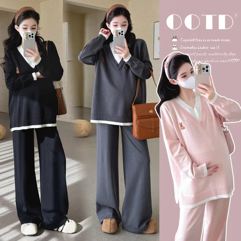 completo-premaman-autunnale-effetto-due-pezzi-casual-semplice-dolce-morbido-con-maglione-a-collo-a-v-e-pantaloni-a-gamba-larga