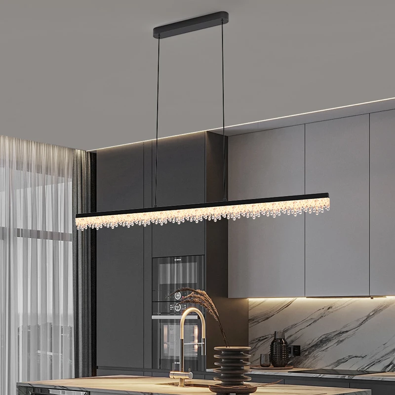 

Modern Simple Black Linear Crystal Chandelier Lights for Kitchen Home Decor Fixture Long Bar Pendant Light Hanging Chandelier