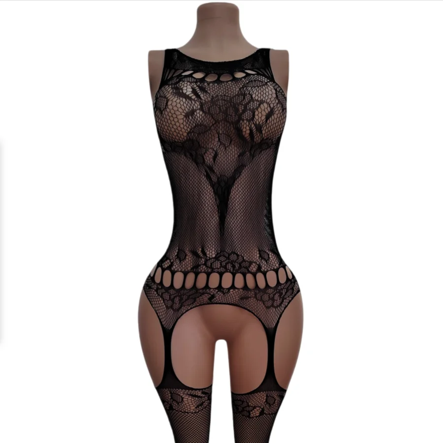 

Sexy Lace Hollow out Sleeveless Bodysuit Stocking Pattern Fishnet Butt Exposure See through Temptation Nightgown Adult Toy