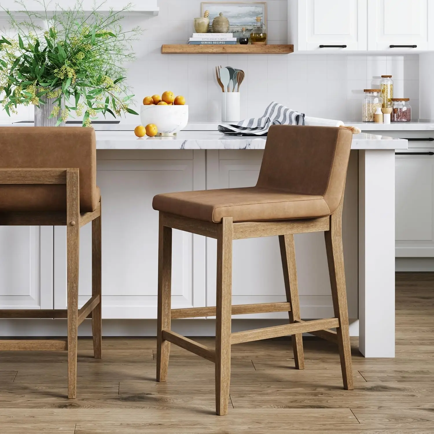 Gracie Modern Counter Height Bar Stool with Back, Counter Stool Upholstered Chair with PU Leather and Brushed Wooden Legs.