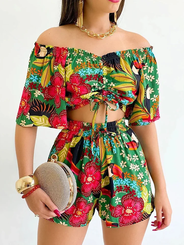 Floral Print Off Shoulder Crop Tops & Shorts Set Casual Summer Women Two Piece Set Outfits