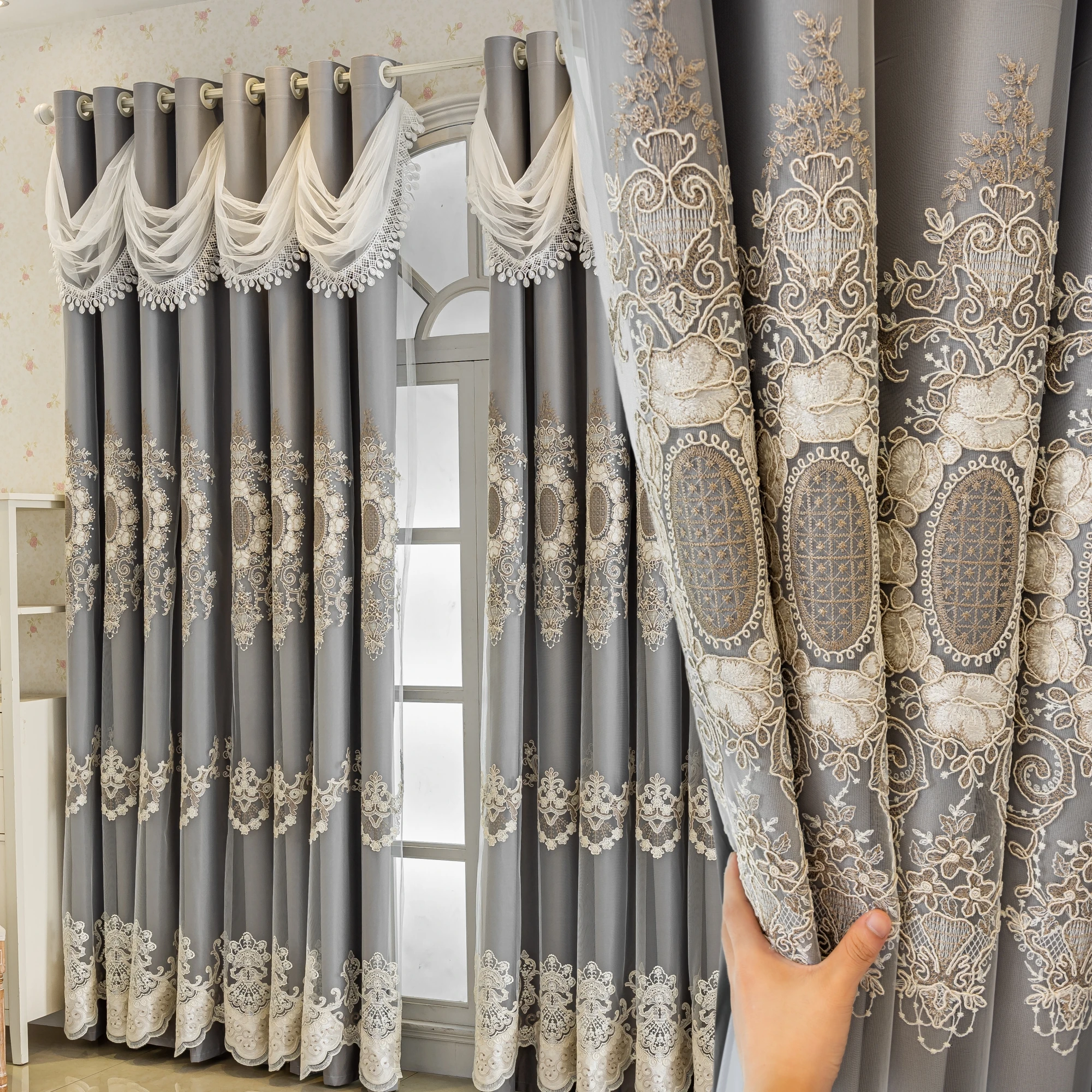 1pc 100% Full Blackout European Luxury Embroidered Curtains, Blackout for Living Room & Bedroom