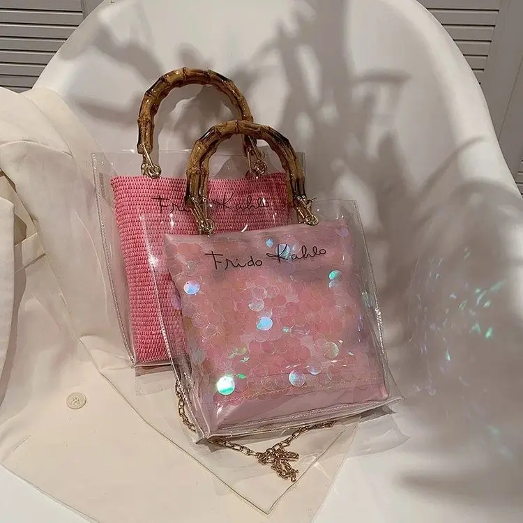 Designer Brand New Fashion Chain Bamboo Crossbody Bag Women's Single Shoulder Hand Transparent Jelly Tote Bucket Bag Hot Sale