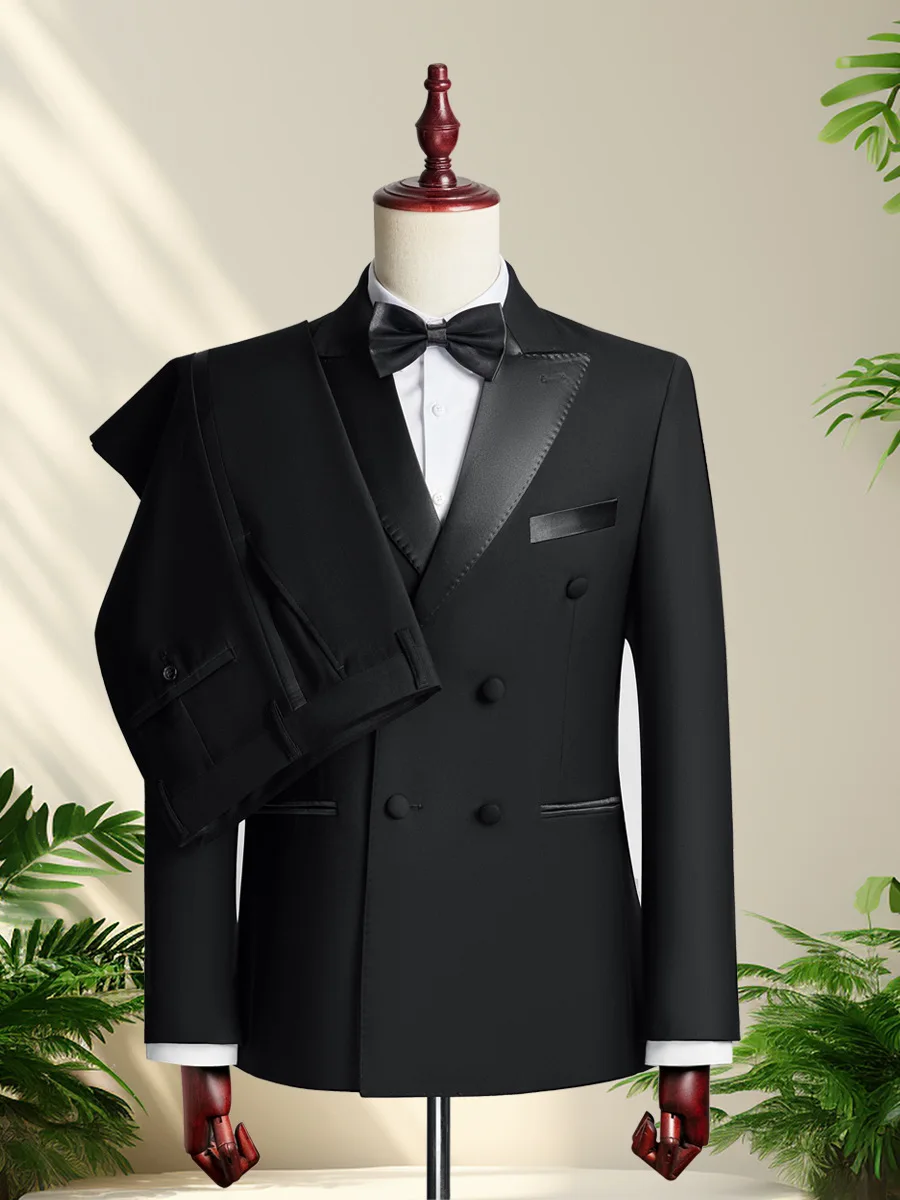 HH360Double-breasted handsome black suit groom wedding dress business casual suit men's Korean style double slit