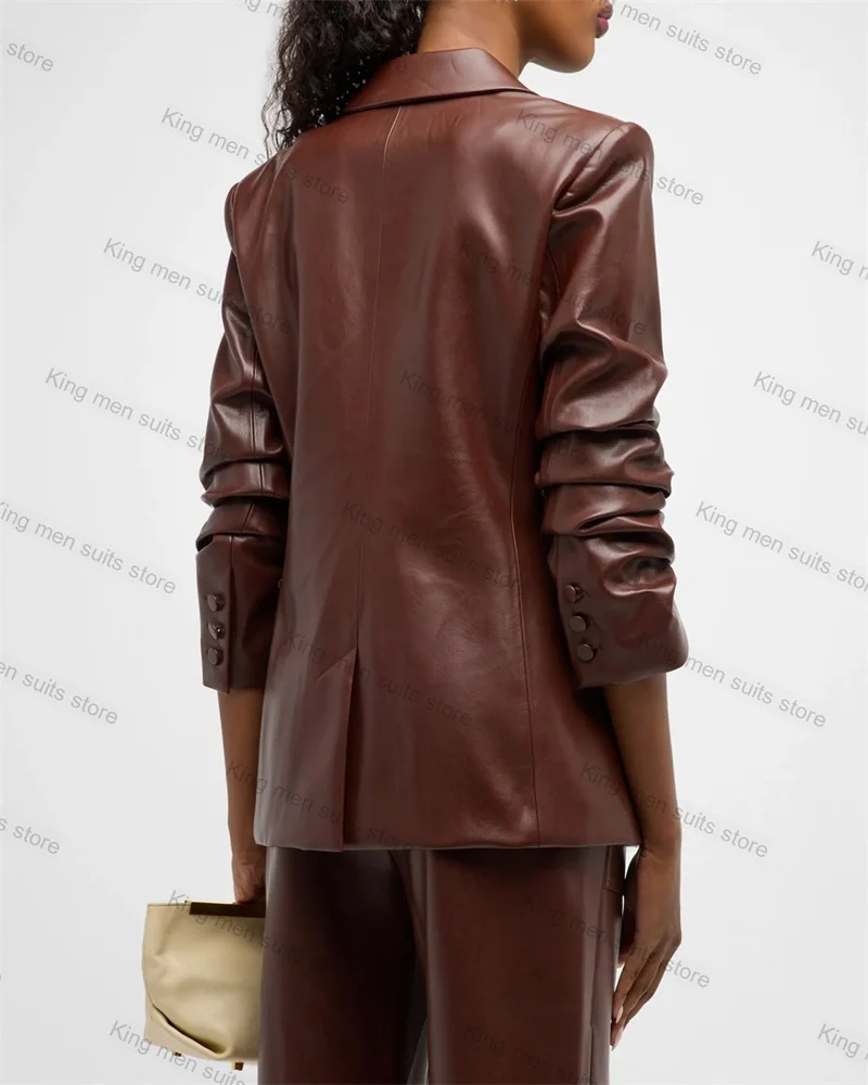 Pu Leather Brown Women Suits Pants Set Blazer 2 Pcs Formal Office Lady Coat Outfit+Trousers Tailored Party Coat Prom Dress