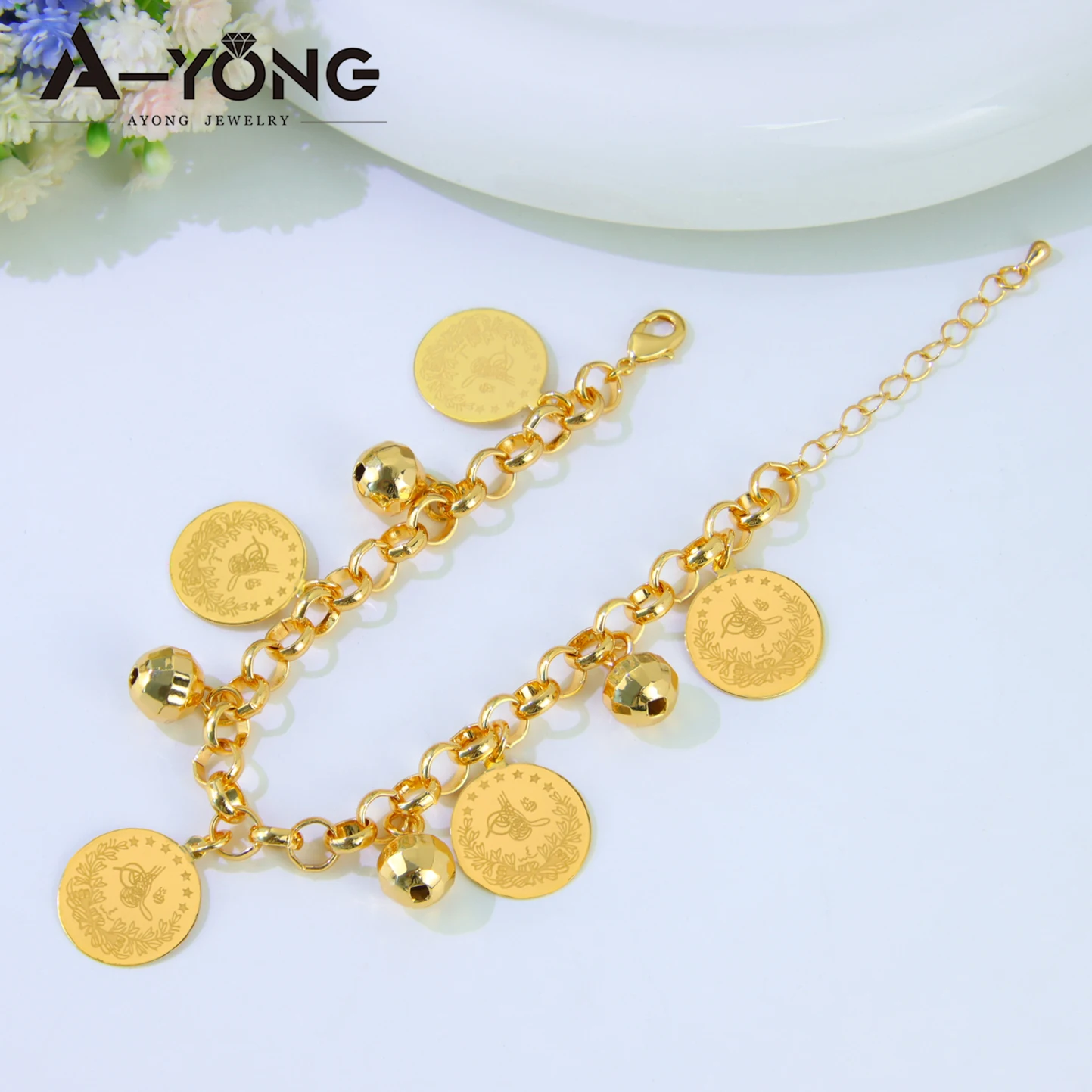 Saudi Muslim Gold Color Coins Bracelet 21k Gold Plated Elegant Balls Bangles Nigeria Brazilian Women Wedding Party Jewelry