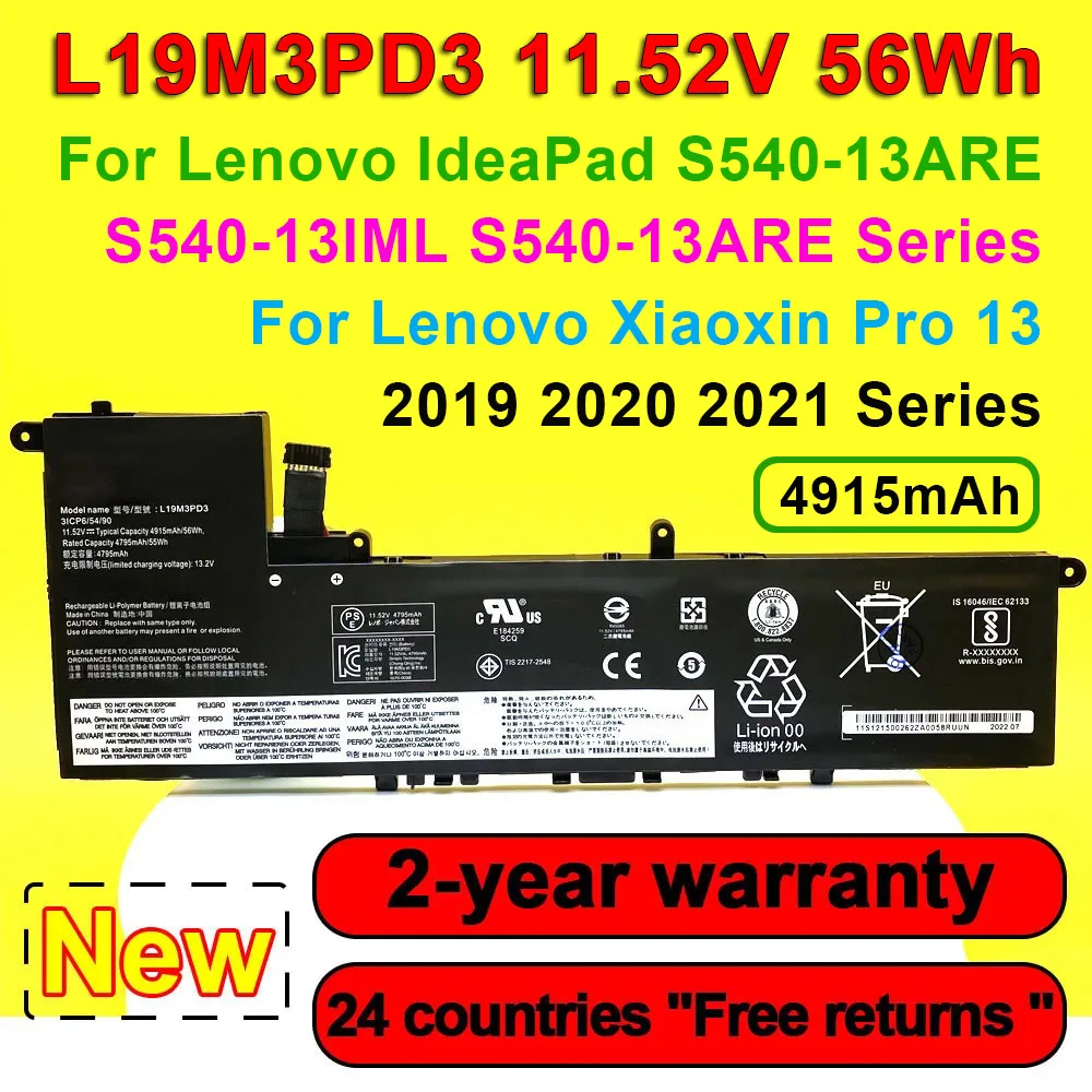 

L19M3PD3 For Lenovo Xiaoxin Pro 13 2019 2020 2021 IdeaPad S540-13ARE 13IML 13ITL L19L3PD3 L19D3PD3 Laptop Battery 11.52V 56Wh