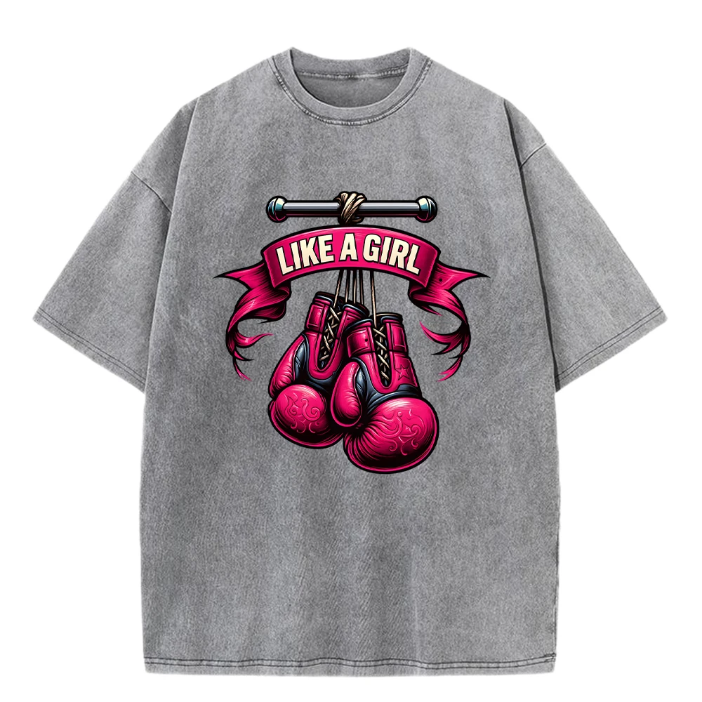 

Boxing Glove Like A Girl Prints Men'S Washed T-Shirt Summer Casual T Shirts Hip Hop Fashion Streetwear Loose Soft Cotton Clothes