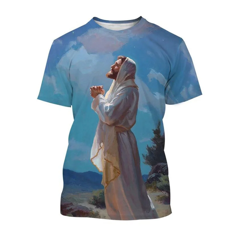 Christian God Jesus T Shirt Men 3d Print Christian Painting Summer Tees Fashion Round Neck Short Sleeve Loose Street T-Shirt