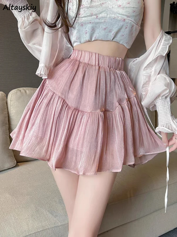 

Ruffles Skirts Women Solid A-line Fairycore High Waist Sweet Ins Summer Korean Style All-match Design Girls Lovely Fashion Daily