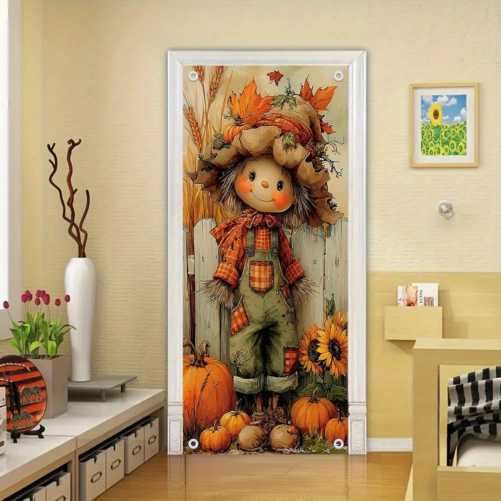 2D flat, 2D door banner, 1 cute scarecrow with sunflower and pumpkin door banner -2D flat printing seasonal autumn decoration view 5