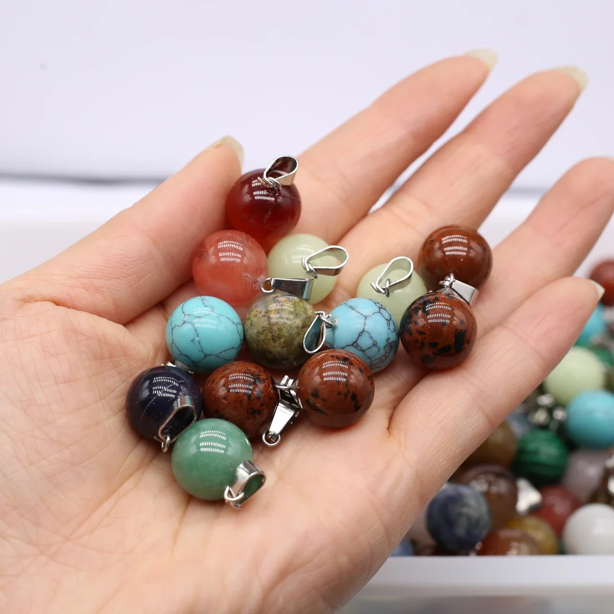 Natural Gemstone Stones Orb Shape Mixed Color Fine Women's Earrings Pendant for Jewelry Making DIY Necklace Accessories 14x14mm