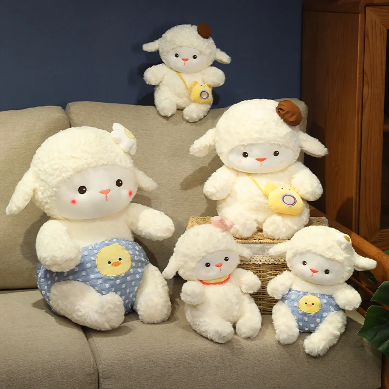 New Kawaii Cute White Sheep Lam Wear Bib Diapers Knapsack Plush Doll Soft Stuffed Lamb Plushie Toy Cute Gift For Kid Birthday