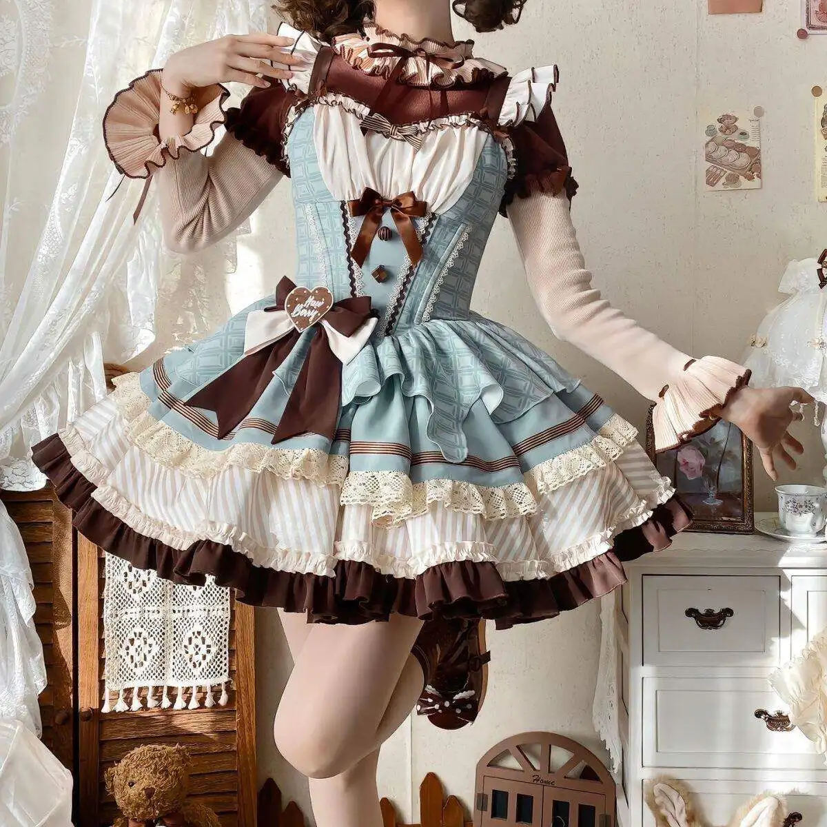 

Mint Lolita JSK Skirt Sweet Cute Princess Puffy Skirt Dress Polyester Fiber High Waist A-Line Short Dress