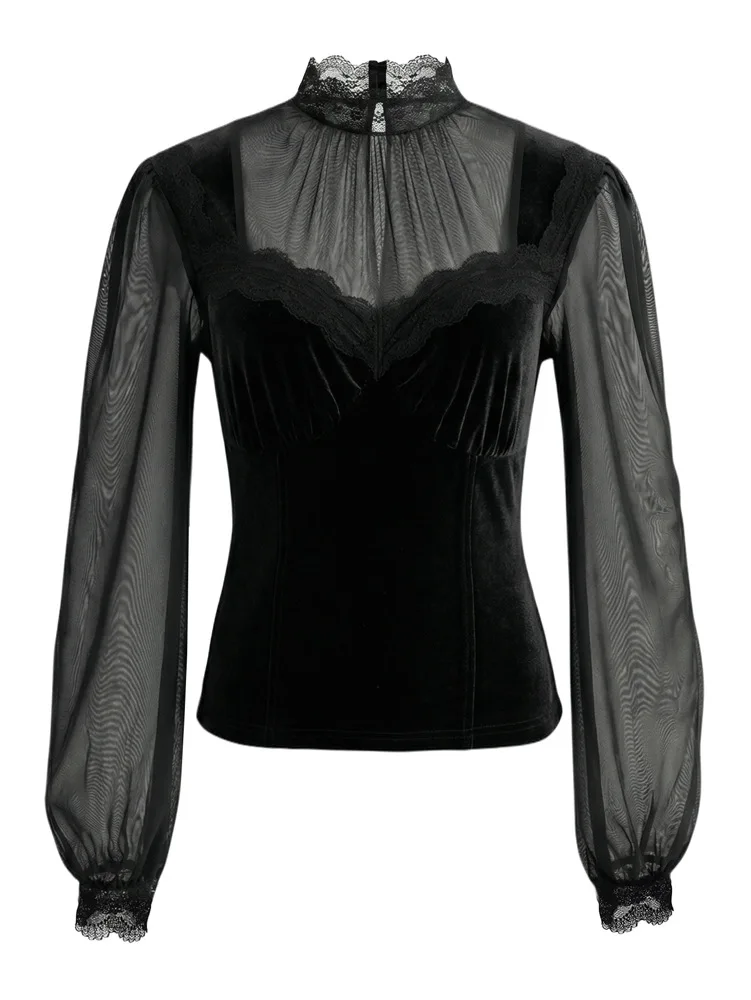Elegant Mesh Lace Blouse Sheer Patchwork Hollow Blouse Flared Bell Sleeve Tie Waist Blouse Casual Chic Slim Top For Women