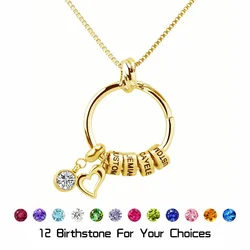 Personalized Custom Names Pendant 12 Birthstones Necklace Stainless Steel Engrave Beads for Mothers Day Gifts Woman Jewelry