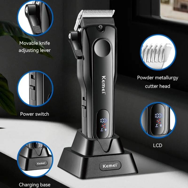 KM-5082 New Cordless Hair Clipper with Base 7000RPM LED LCD Digital Display Carbon Steel Blade Oil Head Trimmer Low Noise Shaver