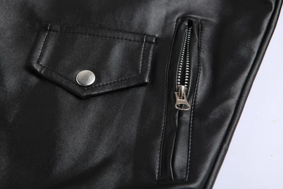 Men Motorcycle Leather Top Coat Slim Fitting Casual Lapel with Diagonal Zipper Decoration PU Leather Jacket