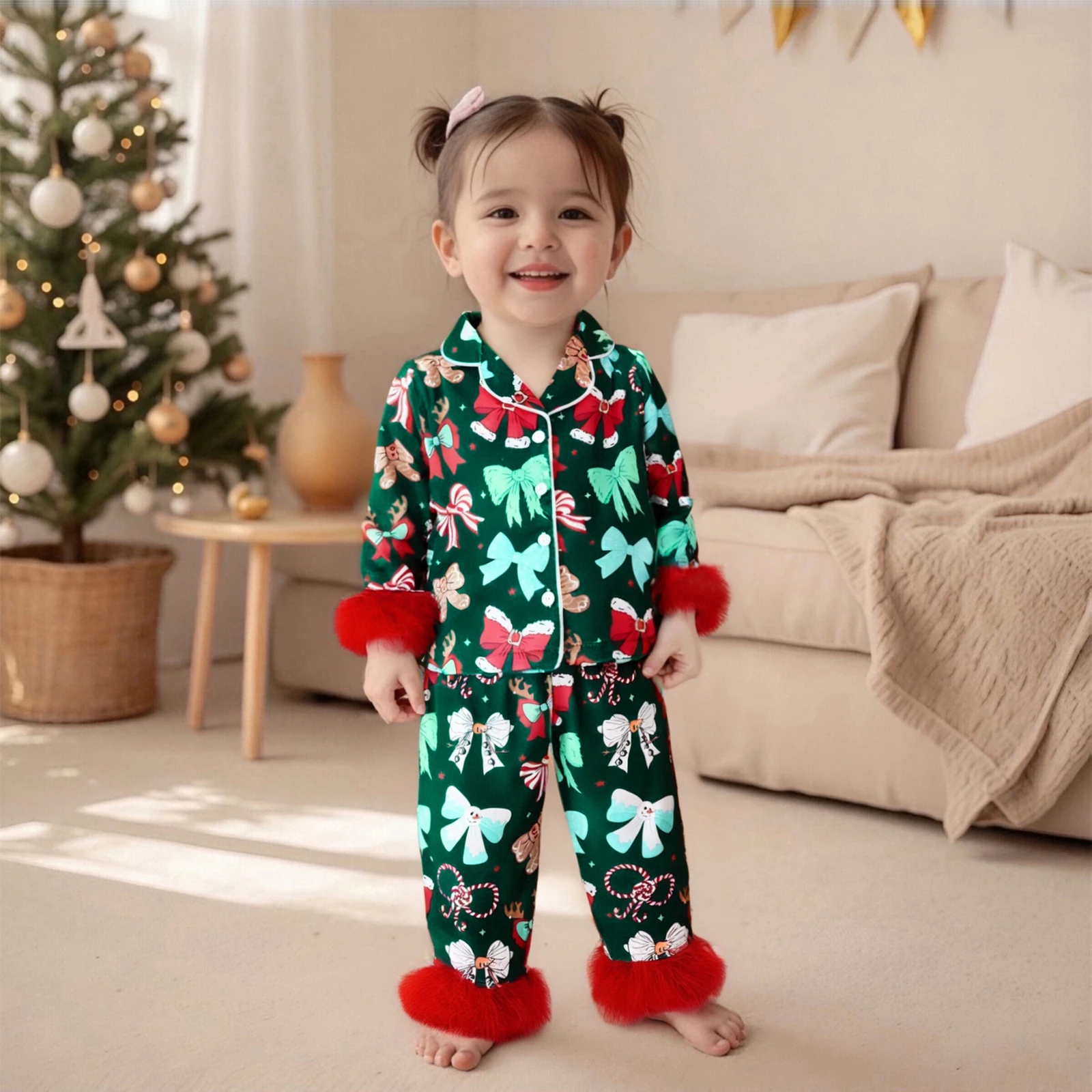 1-7Y Girls 2Pcs Christmas Pajamas Long Sleeve Bow Print Button Shirt Pants Set Toddler Kids Xmas Loungewear Homewear Sleepwear