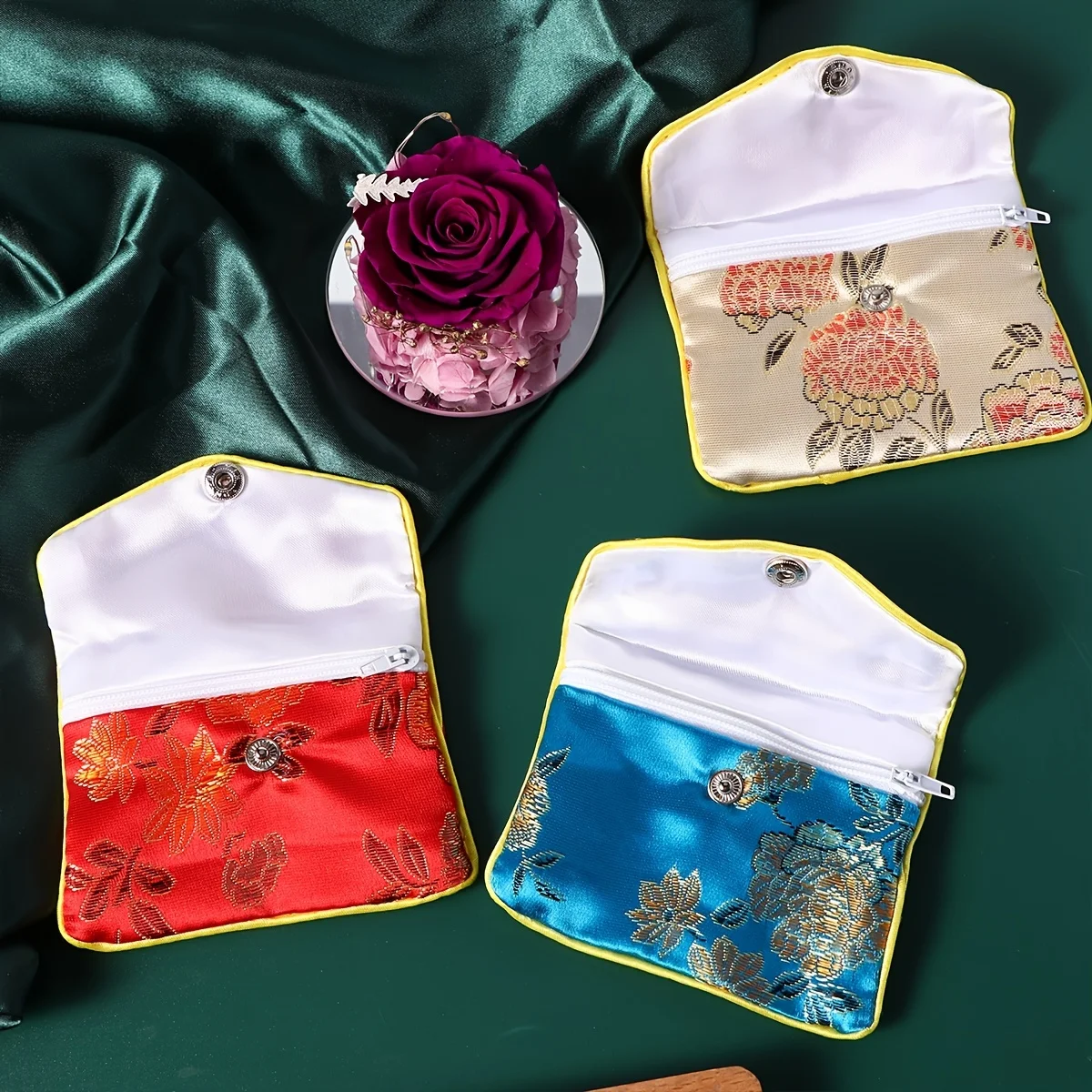 1-3 Pcs Rectangle Flower Pattern Brocade Zipper Jewelry Bag Gift Fine Packaging Bag Jewelry Bracelet Cloth Bag Packaging Display