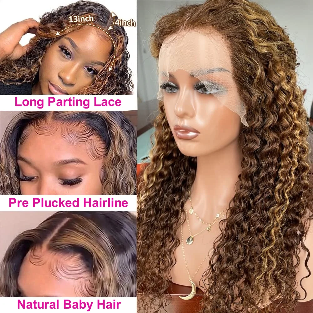 Perruque Lace Front Wig sans colle naturelle Remy, cheveux ondulés, 13x4 HD, P4/27, piano ombré, blond brun, balayage, pre-plucked, pour femmes