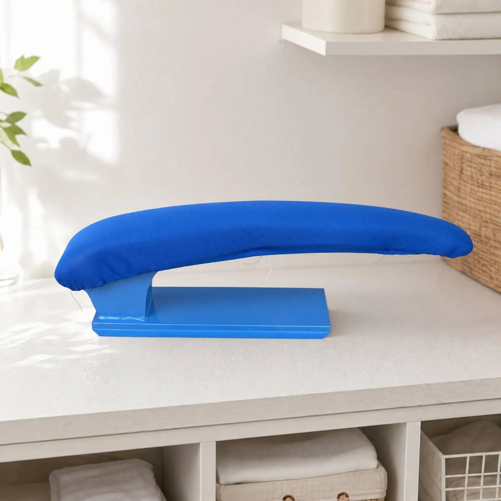Portable Curved Garment Pressing Bench with Blue Iron Fabric Top for Sleeve and Trouser Ironing
