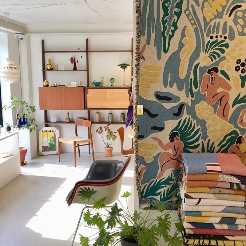 

Camping Decorative Blanket Cushion American Vintage Abstract Sofa Blanket Line Blanket Tapestry Camping Cushion Leisure Blanket