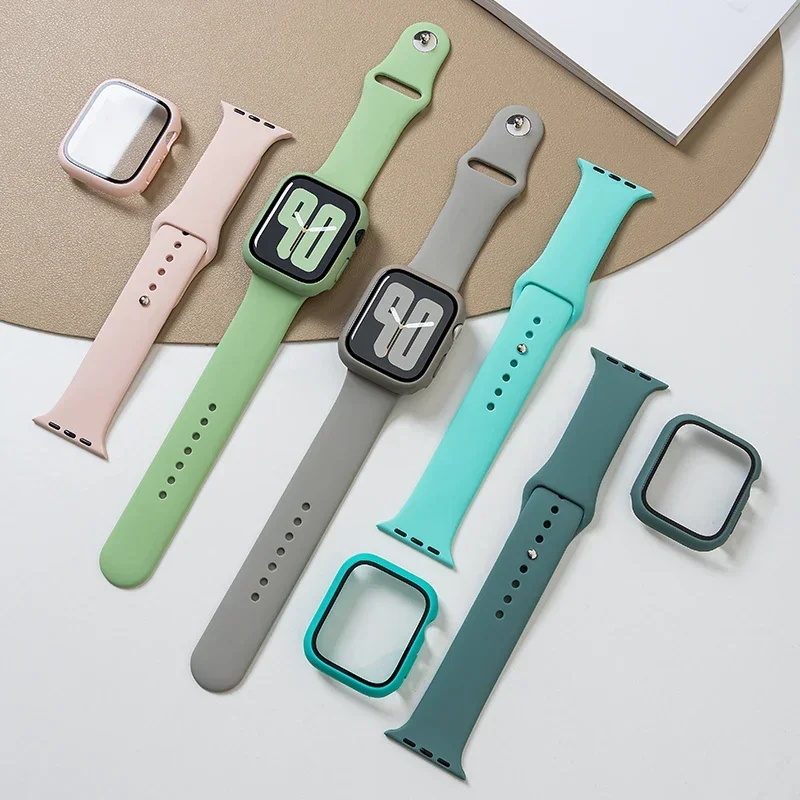 Kaca + Casing + Tali untuk Apple Watch Band 46Mm 45Mm 41Mm 44Mm 40Mm 38/42Mm Gelang Silikon IWatch Seri 10 8 9 7 6 5 4 3 SE Tali