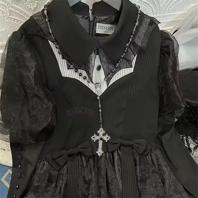 Vintage Fashion Gothic Style Lolita Crystal Cross Pendant Chain Rosary Dark Red Black Necklace