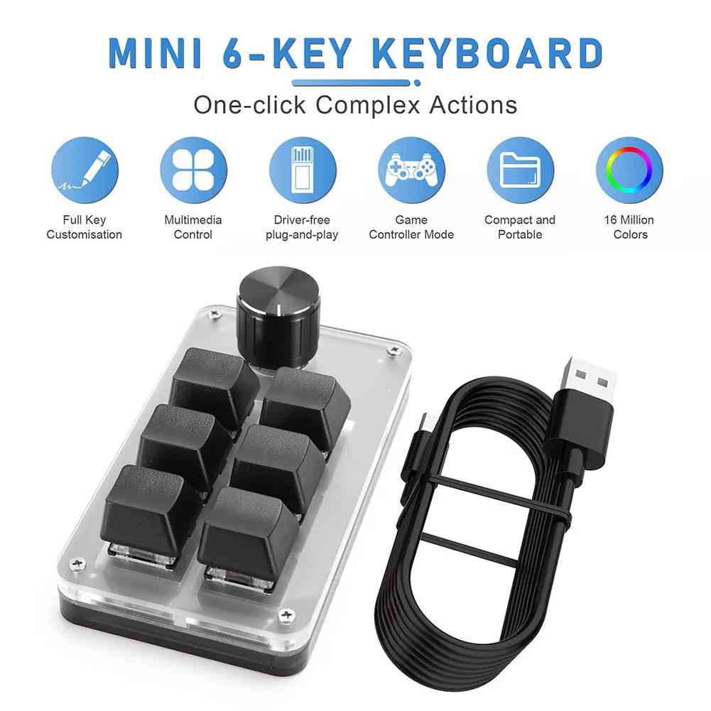 

6 Key 1 Knob One Handed Mechanical Gaming Keyboard Red Switches RGB Copy Paste Mini Button Mechanical Macropad for Office Gaming