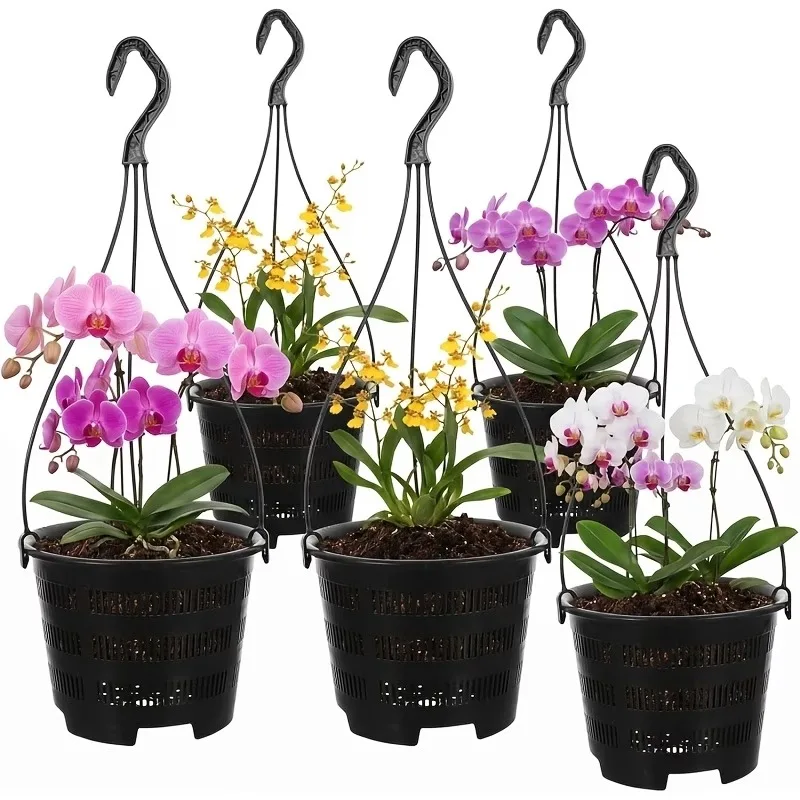6set Orchid Hanging Planters - Slotted Mesh Net Orchid Pots for Repotting - Black Plastic Hanging Flower Baskets with Hooks