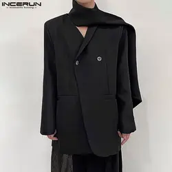 INCERUN erkekler Blazer düz renk yaka uzun kollu düğme eşarp rahat takım elbise erkekler Streetwear sonbahar 2024 moda ince mont S-5XL