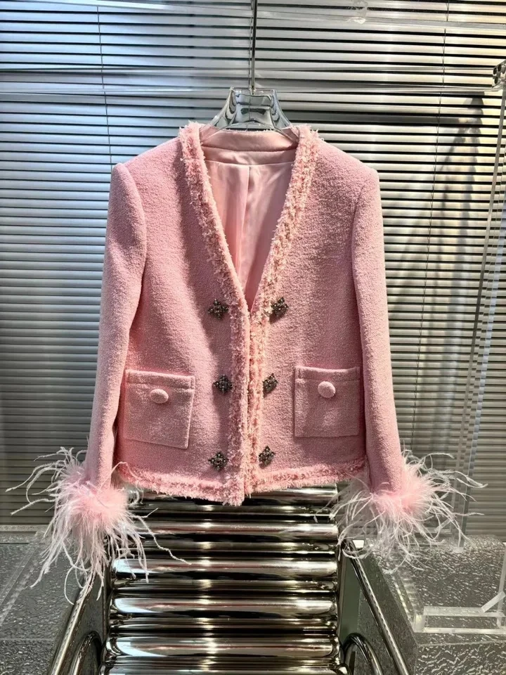 

2024SS Spring Autumn Luxury New Women Feathers High Quality Pink Tweed Jacket Coat for Female