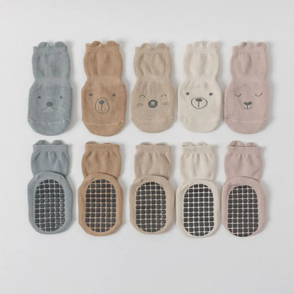 5 pares de calcetines de algodón antideslizantes con orejas de oso a la moda para otoño y primavera, calcetines de dibujos animados para niños, bonitos calcetines de tubo cortos transpirables para niños
