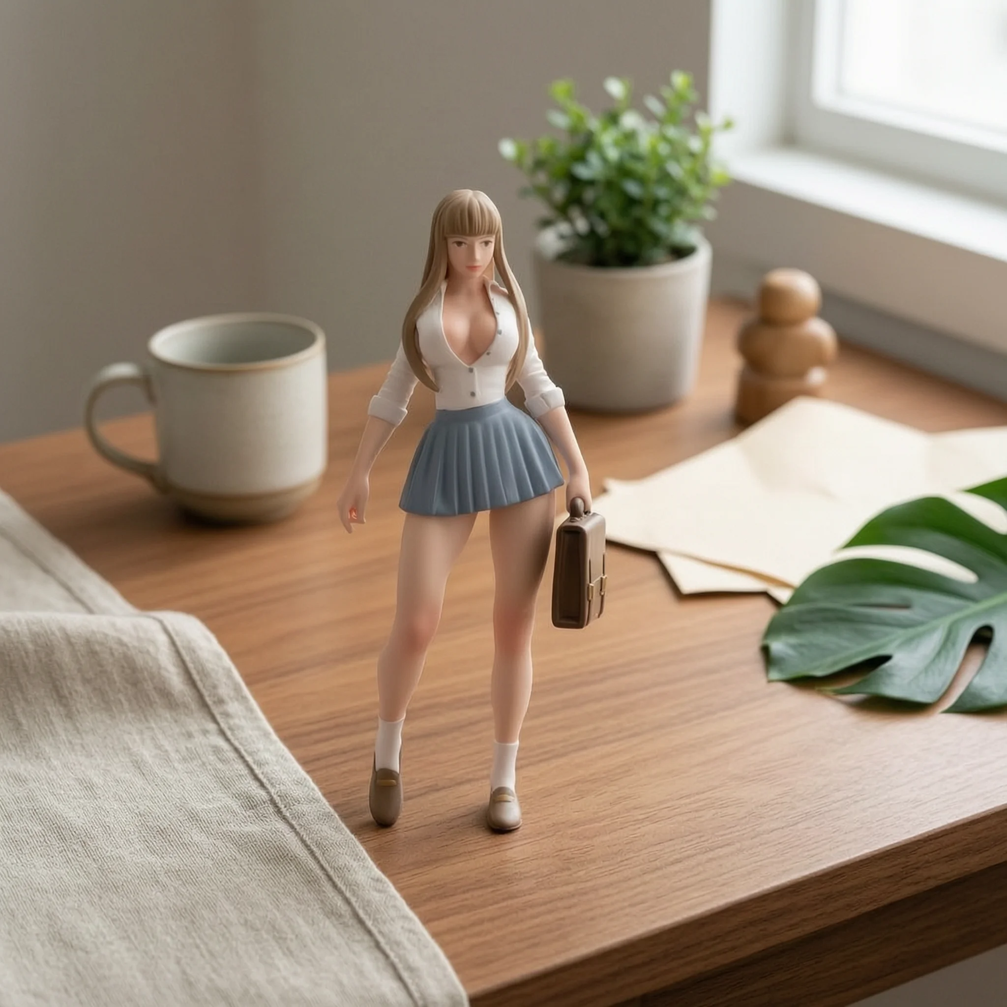Hand-Painted Girl Figurine Resin Display Doll Figure Collectible Pleated Skirt Home Decor Small Handbag