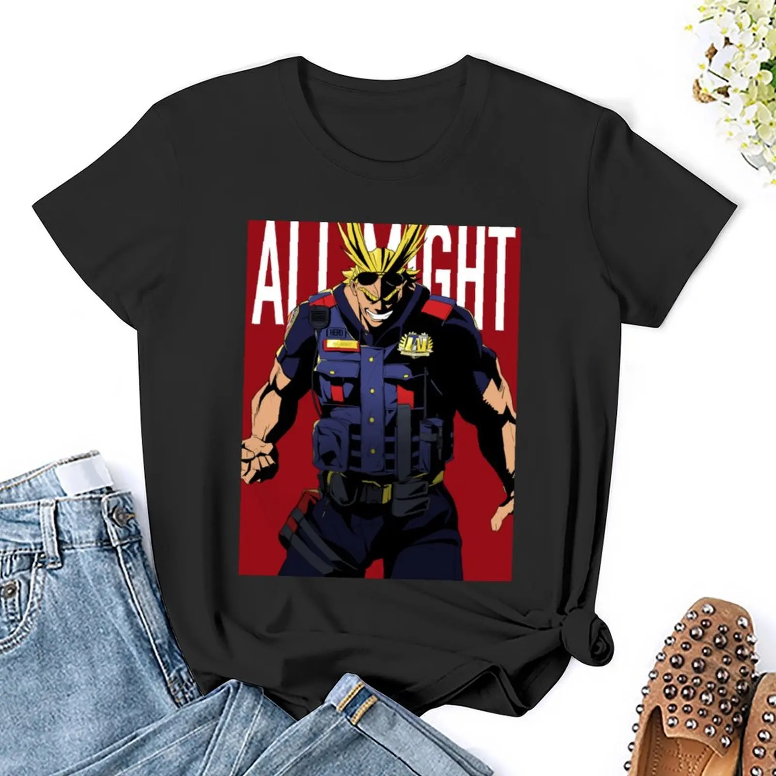 เสื้อยืดแขนสั้นเจ้าหน้าที่ allmight สีแดงเสื้อยืดผู้หญิงเสื้อผ้าผู้หญิง