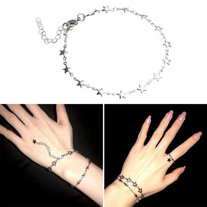F42F Simple Five-pointed Star Bracelet Stainless Steel Couple Bracelets Fashion Jewelry Punk Star Link Bracelet for Women Men