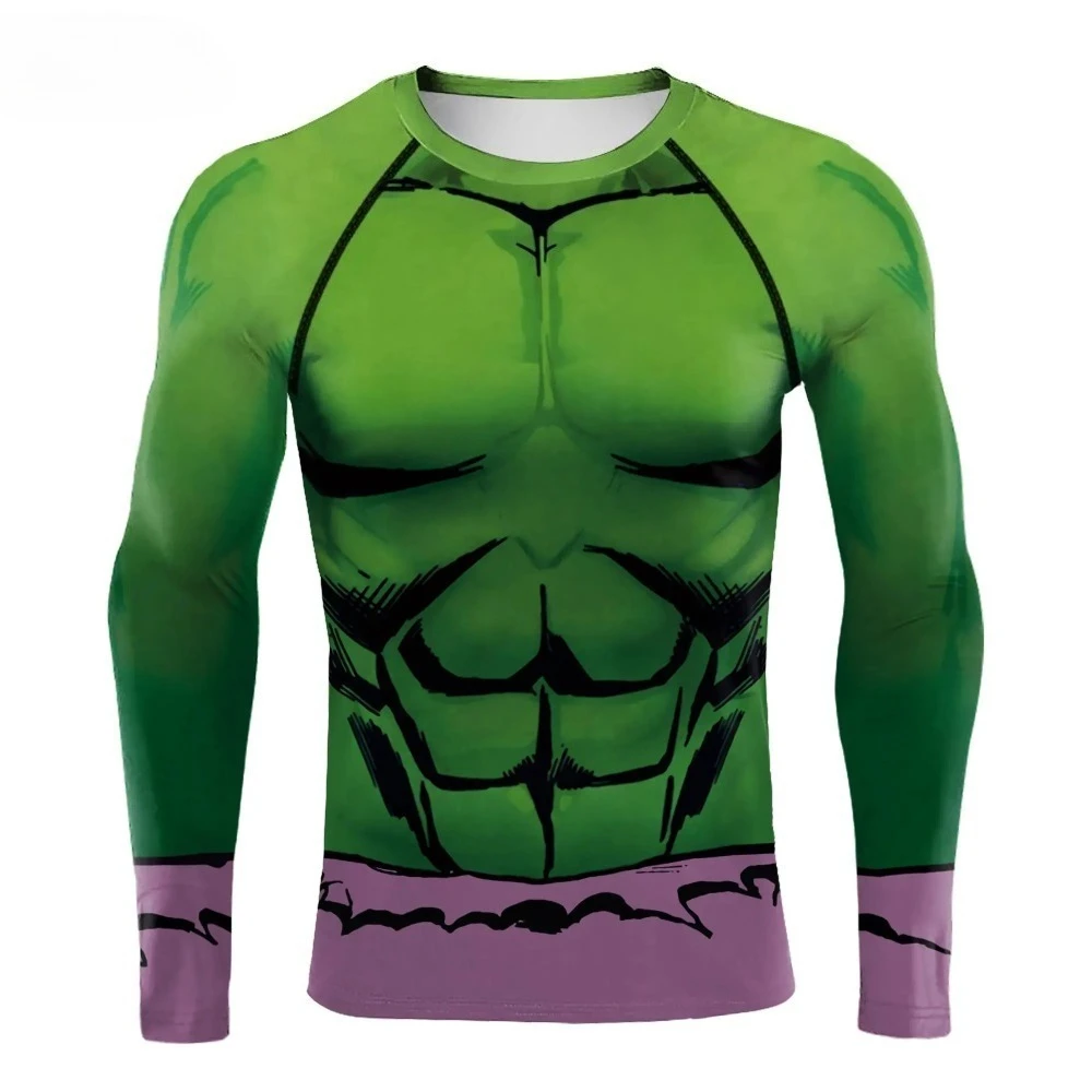 

Man Compression Shirts Long Sleeve T-Shirt Male Fitness Top Crewneck Gym Clothes Elastic Anime Green Muscle Pattern Streetwear