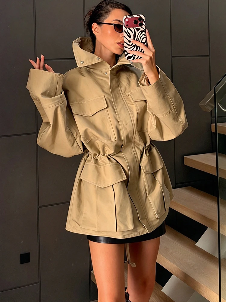 Women Waist Cargo Jacket Multi Pockets Oversized Loose Fit Short Coat 2026 New Autumn Casual Daily Street Ladies Outerwear