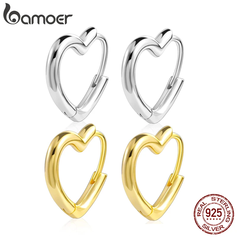 BAMOER 925 Sterling Silver Small Hoop Earrings Heart Shaped 14k Gold Plated Huggie Earrings for Women Wedding Fashion Jewelry